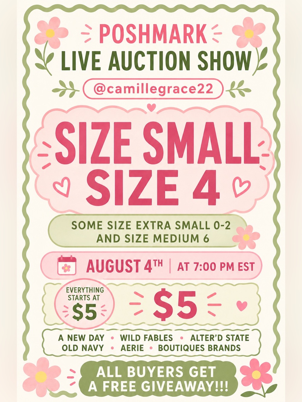 SIZE SMALL ‼️ Live Show - $5 Starts - Unlisted Items - Auction - Aug 4th 7 PM ES